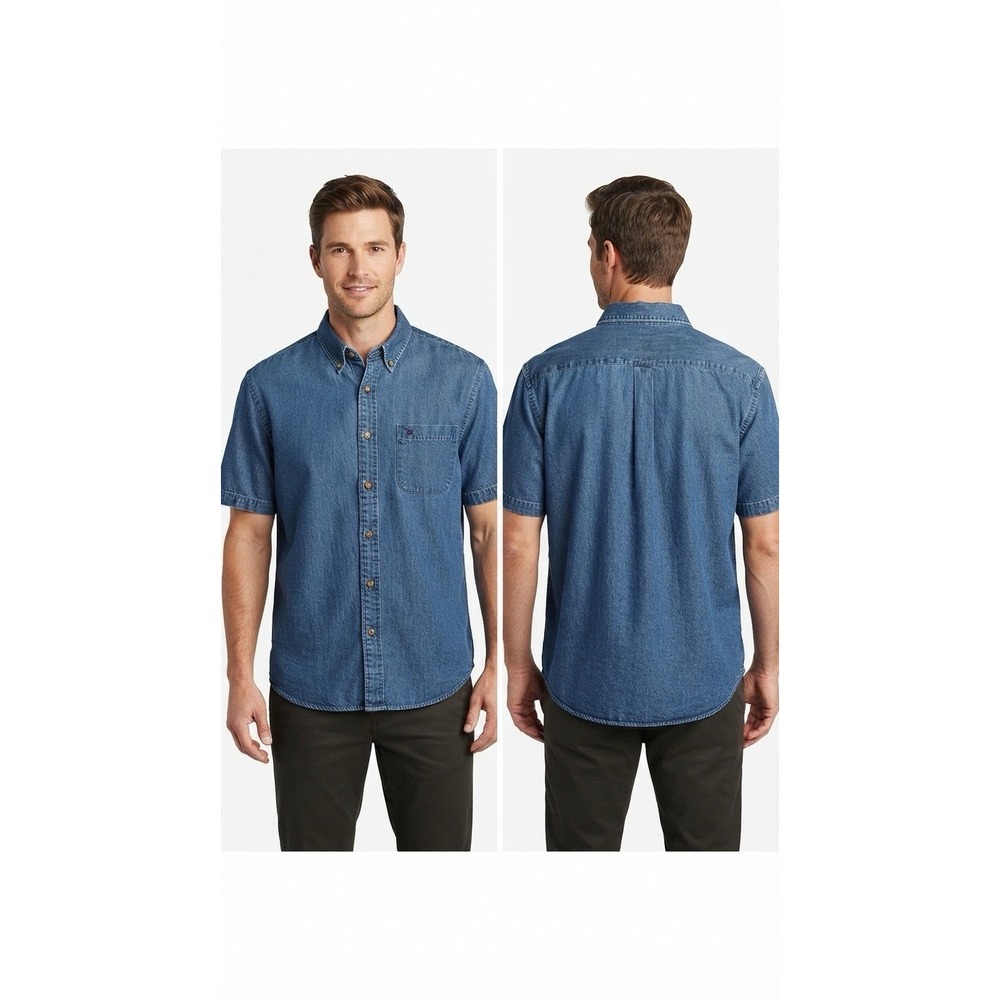 Vintage Eddie‎ Bauer Mens Denim Blue Button Down Short Sleeve Shirt NWT Size L